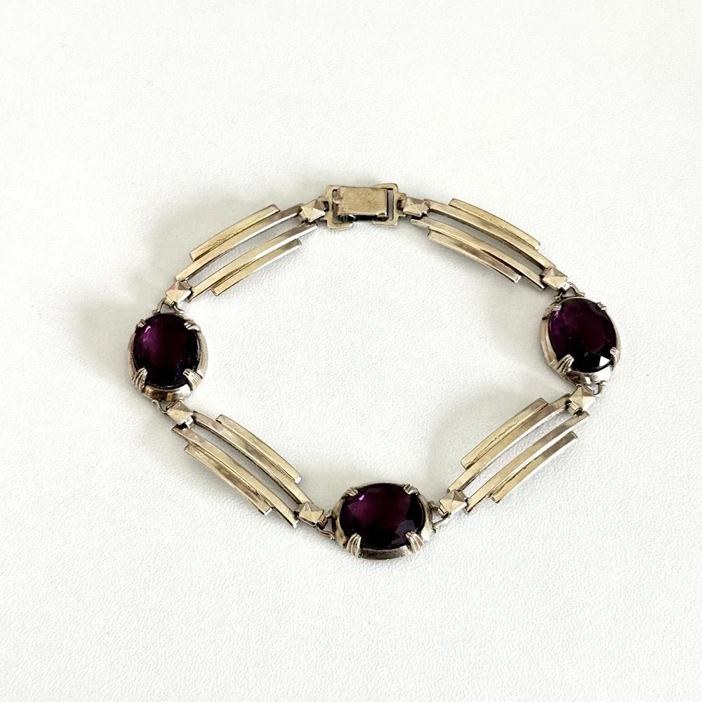 Symmetalic 925 Sterling Silver & 14K Gold Two Tone Purple Faceted Glass Bracelet
